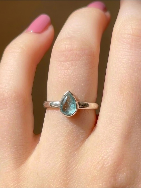 Hushwink Jewelry - RARE Sterling Silver Aqua Blue Tourmaline Smooth Teardrop Ring